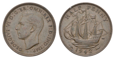 Великобритания 1/2 пенни 1942 Георг VI (1936-1952) KM 844, Spink 4115 бронза    4660-616