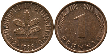 ФРГ 1 ПФЕННИГ 1986 D KM 105, J.380 сталь плакированная медью 96-1122