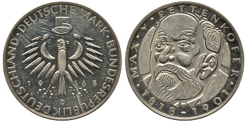 ФРГ 5 марок 1968 D, 150 лет со дня рождения Макса фон Петтенкофера J. 398, KM 123.1 серебро PROOF 413-3621