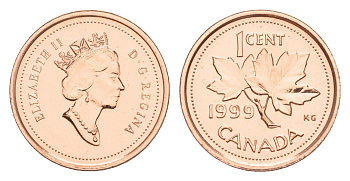 Канада 1 цент 1999 Елизавета II (1952-2022), кленовый лист KM 289 цинк плакированный бронзом UNC 4639-415