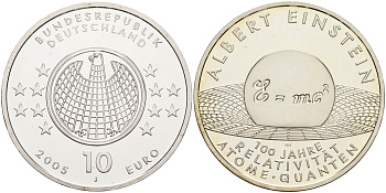 ФРГ 10 евро 2005 J, Альберт Эйнштейн, формула, 100 лет теории относительности KM 238, DE.S. 10.21 серебро PROOF 1076-3-51
