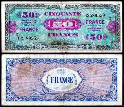 Франция 50 франков 1944 Pick 122 b бумага 7183-29-4-1