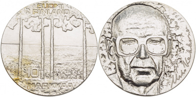Финляндия 10 марок 1975 S-H, 75 лет президенту Урхо Кекконену KM 54 серебро UNC 1515-1611