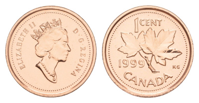 Канада 1 цент 1999 Елизавета II (1952-2022), кленовый лист KM 289 цинк плакированный бронзом UNC 4639-415