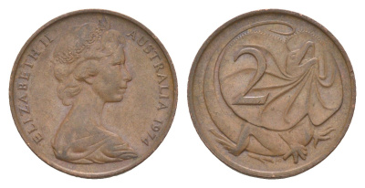 Австралия 2 цента 1974 Елизавета II (1952-2022), плащеносная ящерица KM 63 бронза 4580-225