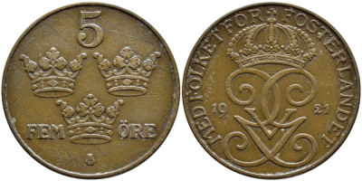 Швеция 5 эре 1921 Густав V (1907-1950) KM 779.2 бронза 4394-845
