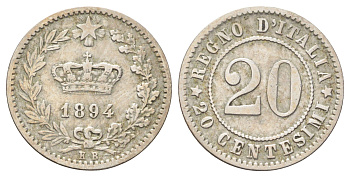 Италия 20 чентезимо 1894 KB, Умберто I (1878-1900) KM 28 медно-никель 4708-548