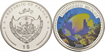 Палау 1 доллар 2009 серия вымирающие виды, рыба ангел, цветная эмаль KM 283 медно-никель PROOF M39-6