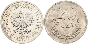 Польша 20 грошей 1980 MW KM А47 алюминий    4138-946