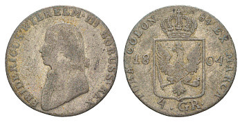 Пруссия 4 гроша 1804 A, Фридрих Вильгельм III (1797-1840) KM 370 серебро 4619-226