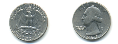 США 25 центов (квотер) 1967 Вашингтон KM 164a медь плакированная медно-никелем 89-412