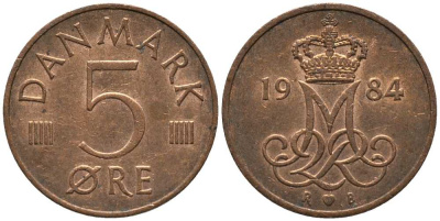 ДАНИЯ 5 ЭРЕ 1984 R; B, МАРГРЕТЕ II (1972-) KM 859.3 железо плакированное медью 116-164