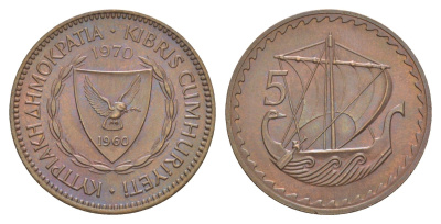 Кипр 5 милей 1970 KM 39 бронза UNC 4648-1021