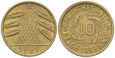 Германия 10 рейхспфеннигов 1935 A KM 40, J. 317 алюминиевая бронза 4115-1057