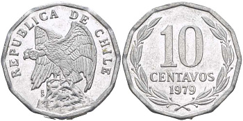 Чили 10 сентаво 1979 KM 205a алюминий 4402-444