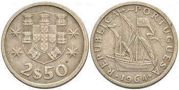 Португалия 2,5 эскудо 1964 парусник KM 590 медно-никель 3718-312