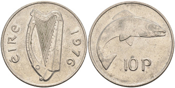 Ирландия 10 пенсов 1976 лосось KM 23 медно-никель 88-735