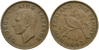 Новая Зеландия 1 пенни 1943 Георг VI (1936-1952), новозеландский туи KM 13 бронза 4165-1222