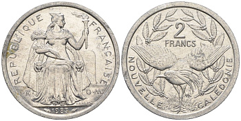 Французская Новая Каледония 2 франка 1983 птица кагу, (IEOM) KM 14, Schoen 11, Lec 63 алюминий    27-1022