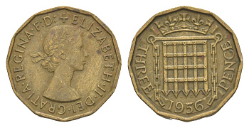 Великобритания 3 пенса 1956 Елизавета II (1952-2022) KM 900, Spink 4153 никель латунь 4571-726