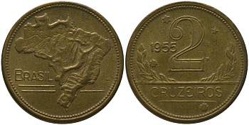 Бразилия 2 крузейро 1955 KM 559 алюминиевая бронза 4577-926