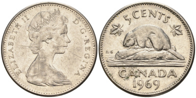 Канада 5 центов 1969 Елизавета II, бобер KM 60.1 никель    4148-1225