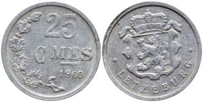 ЛЮКСЕМБУРГ 25 САНТИМОВ 1960 KM 45а.1 алюминий 4398-822