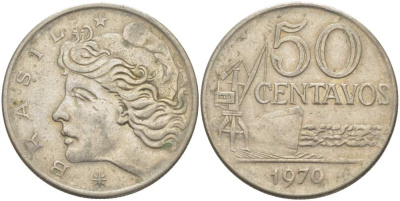 Бразилия 50 сентаво 1970 голова свободы влево KM 580а медно-никель 4529-416