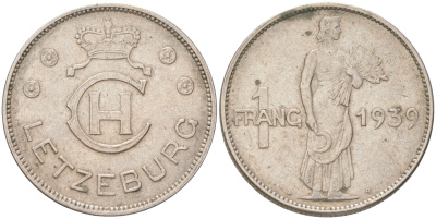 Люксембург 1 франк 1939 Шарлотта (1918-1964) KM 44 медно-никель 4620-1232
