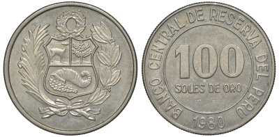 Перу 100 солей 1980 KM 283 медно-никель 4367-642