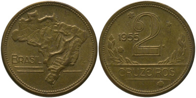 Бразилия 2 крузейро 1955 KM 559 алюминиевая бронза 4577-926