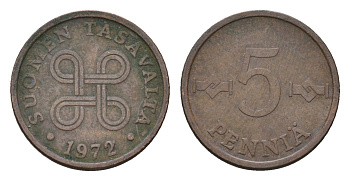 Финляндия 5 пенни 1972 KM 45 медь 4684-735
