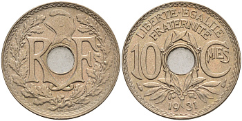 Франция 10 сантимов 1931 тип Линдайё KM 866а медно-никель 4116-455