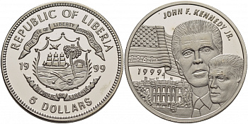 Либерия 5 долларов 1999 Джон Кеннеди (младший) KM 593 медно-никель UNC 11-145-12