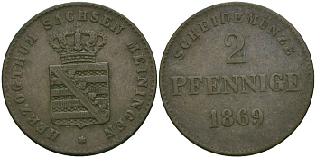 Саксен-Мейнинген 2 пфеннига 1869 Георг II (1866-1914) KM 174, Jaeger 448, AKS 215 медь 99-666