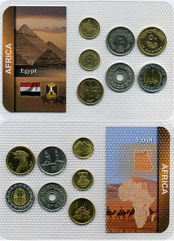 ЕГИПЕТ НАБОР ИЗ 7 МОНЕТ 1984-2007 (1, 5, 10, 20, 25, 50 ПИАСТРОВ, 1 ФУНТ), В ЦЕЛОФАНОВОЙ ЗАПАЙКЕ KM UNC 5-6-3-74
