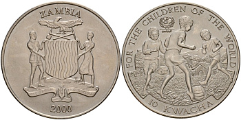 Замбия 10 квача 2000 ЮНИСЕФ, дети играют в футбол KM 119 медно-никель BU 4125-123