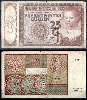Нидерланды 25 гульденов 1944 "Молодая женщина" (Паулюс Морельс) Pick 60 бумага 7457-15-3-1