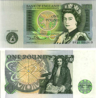 Англия 1 фунт ND (1978-1984) сэр Исаак Ньютон, черная подпись D.H.F. Somerset Pick 377 b  бумага  аUNC  7203-2-3-2