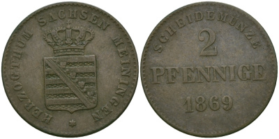 Саксен-Мейнинген 2 пфеннига 1869 Георг II (1866-1914) KM 174, Jaeger 448, AKS 215 медь 99-666