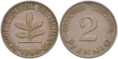 ФРГ 2 ПФЕННИГА 1960 D KM 106, J. 381 бронза 4181-725