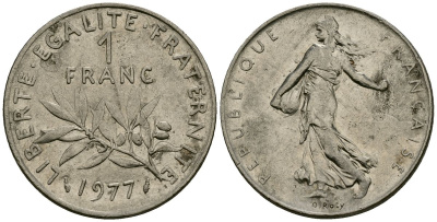 Франция 1 франк 1977 сеятель KM 925 никель 4135-855