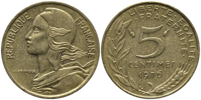ФРАНЦИЯ 5 САНТИМОВ 1976 ТИП MARIANNE KM 933, LE FRANC 125.12 алюминиевая бронза 261-639