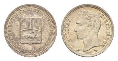 Венесуэла 25 сентимо 1960 год-тип, Симон Боливар Y 35a серебро aUNC 4668-1023