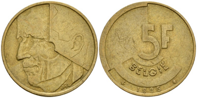 Бельгия 5 франков 1986 Belgie, Бодуэн I (1951-1993) KM 164 алюминиевая бронза 4601-226
