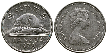 КАНАДА 5 ЦЕНТОВ 1979 БОБЕР, ЕЛИЗАВЕТА II KM 60.2 никель 4364-2637