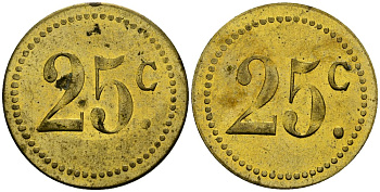 Франция 25†сантимов XIX-XX век ресторанный жетон латунь 4166-1054