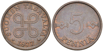 ФИНЛЯНДИЯ 5 ПЕННИ 1977 KM 45 медь 214-733