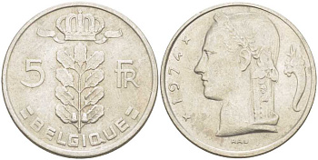 БЕЛЬГИЯ 5 ФРАНКОВ 1974 BELGIQUE, БОДУЭН I (1951-1993) KM 134.1 медно-никель 213-615