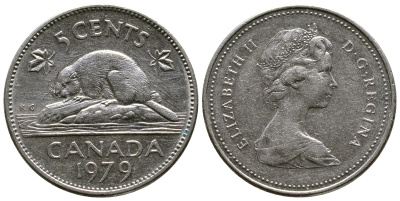 КАНАДА 5 ЦЕНТОВ 1979 БОБЕР, ЕЛИЗАВЕТА II KM 60.2 никель 4364-2637
